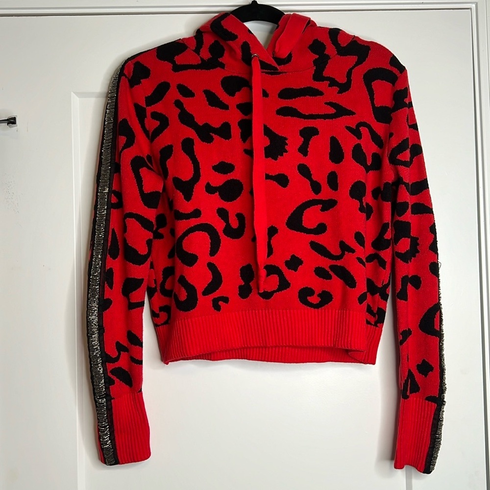 Sen Cropped Red Leopard Sweater Hoodie with Bead detail size‎ small